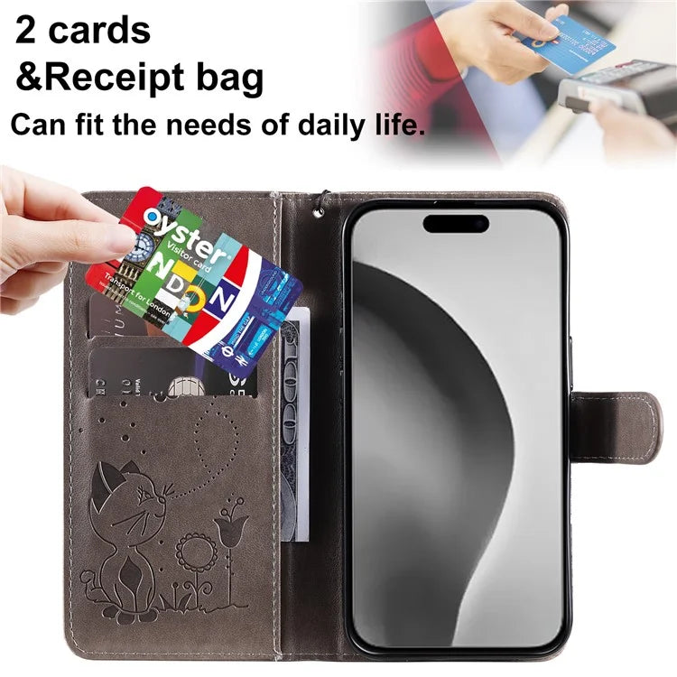KT Imprinting Flower Series-4 For iPhone 16 Plus Case with Strap Cat Bee Pattern Leather Cover