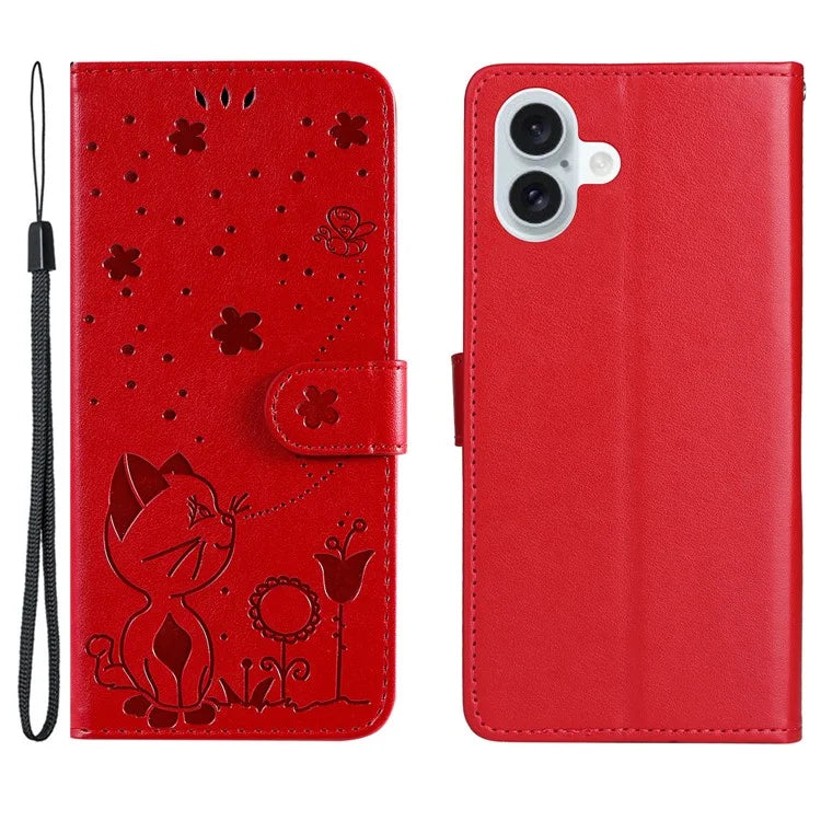 KT Imprinting Flower Series-4 For iPhone 16 Plus Case with Strap Cat Bee Pattern Leather Cover