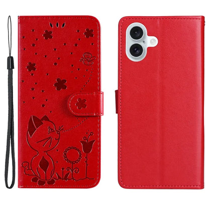 KT Imprinting Flower Series-4 For iPhone 16 Plus Case with Strap Cat Bee Pattern Leather Cover