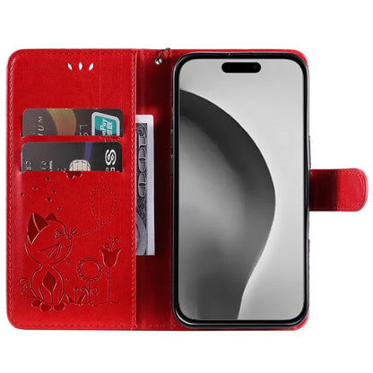 KT Imprinting Flower Series-4 For iPhone 16 Plus Case with Strap Cat Bee Pattern Leather Cover