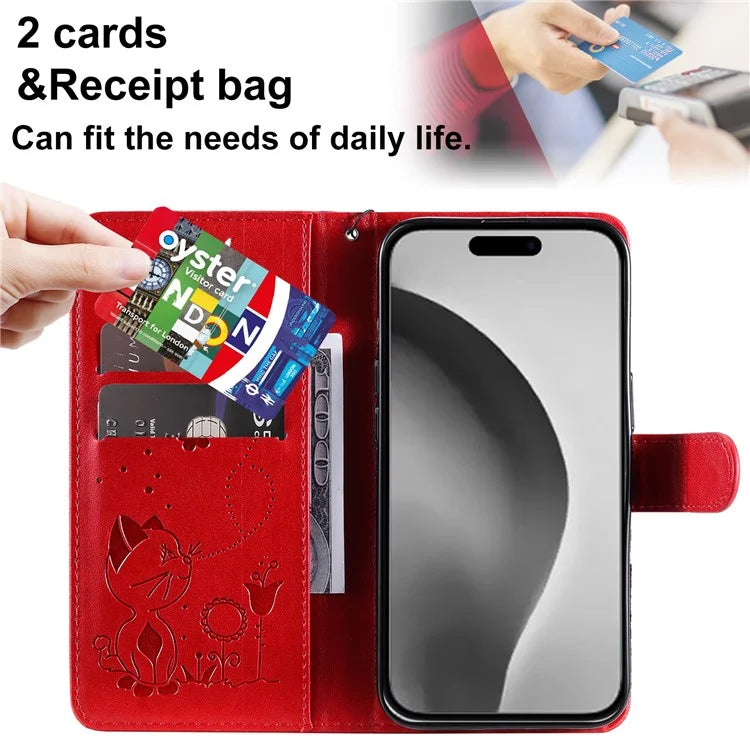 KT Imprinting Flower Series-4 For iPhone 16 Plus Case with Strap Cat Bee Pattern Leather Cover