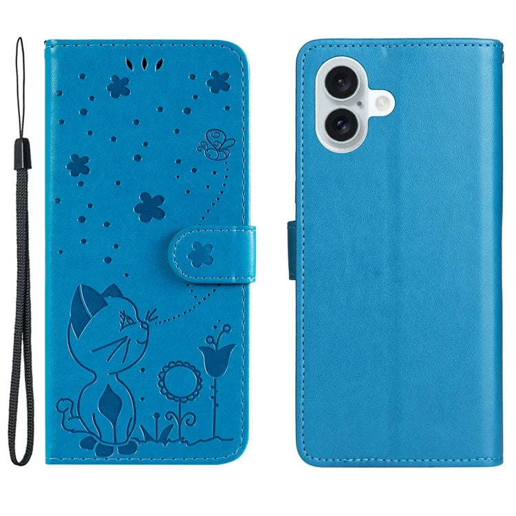 KT Imprinting Flower Series-4 For iPhone 16 Plus Case with Strap Cat Bee Pattern Leather Cover