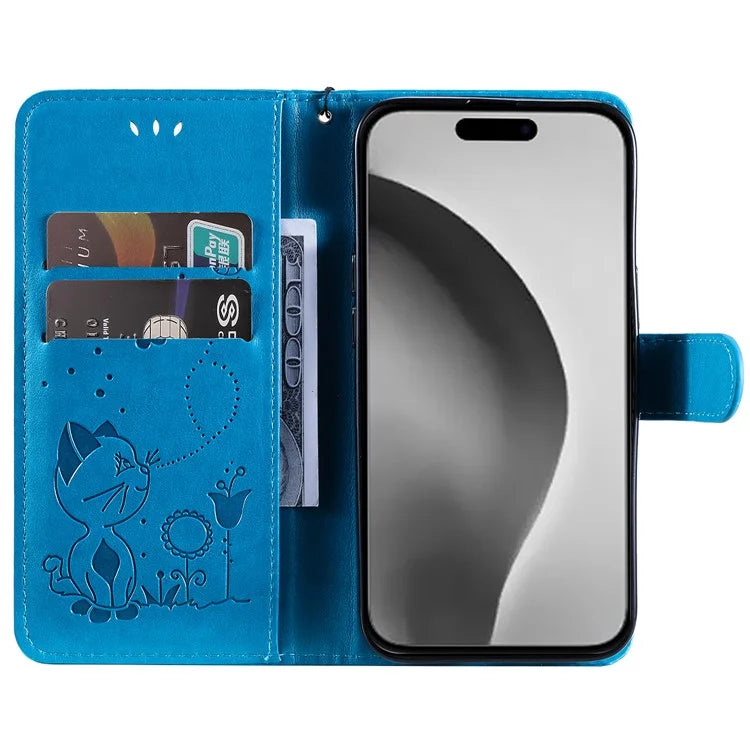 KT Imprinting Flower Series-4 For iPhone 16 Plus Case with Strap Cat Bee Pattern Leather Cover