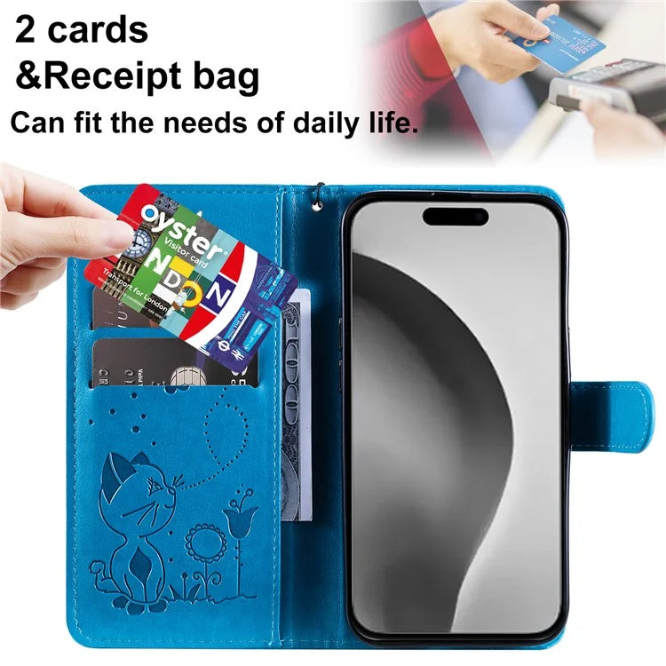 KT Imprinting Flower Series-4 For iPhone 16 Plus Case with Strap Cat Bee Pattern Leather Cover