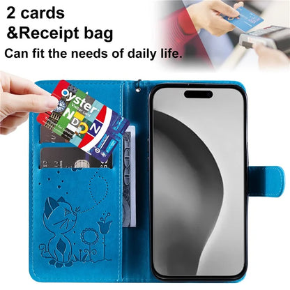 KT Imprinting Flower Series-4 For iPhone 16 Plus Case with Strap Cat Bee Pattern Leather Cover