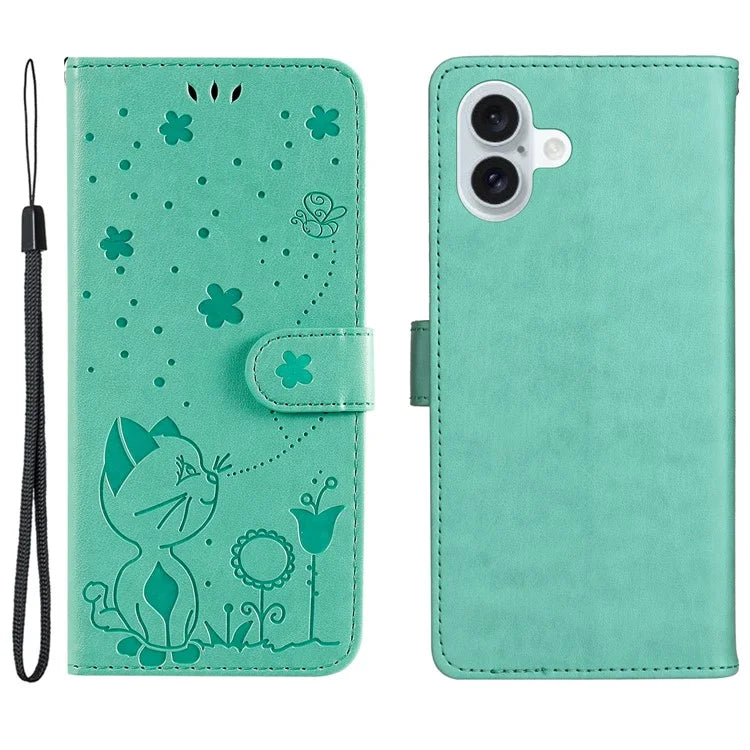 KT Imprinting Flower Series-4 For iPhone 16 Plus Case with Strap Cat Bee Pattern Leather Cover