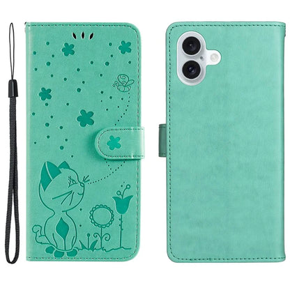 KT Imprinting Flower Series-4 For iPhone 16 Plus Case with Strap Cat Bee Pattern Leather Cover