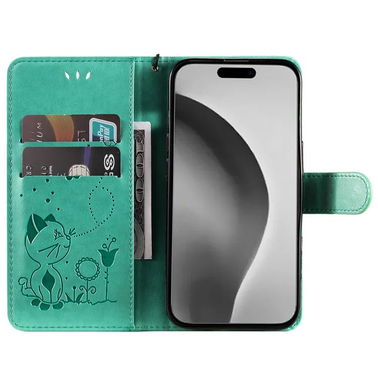 KT Imprinting Flower Series-4 For iPhone 16 Plus Case with Strap Cat Bee Pattern Leather Cover