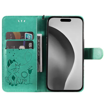 KT Imprinting Flower Series-4 For iPhone 16 Plus Case with Strap Cat Bee Pattern Leather Cover