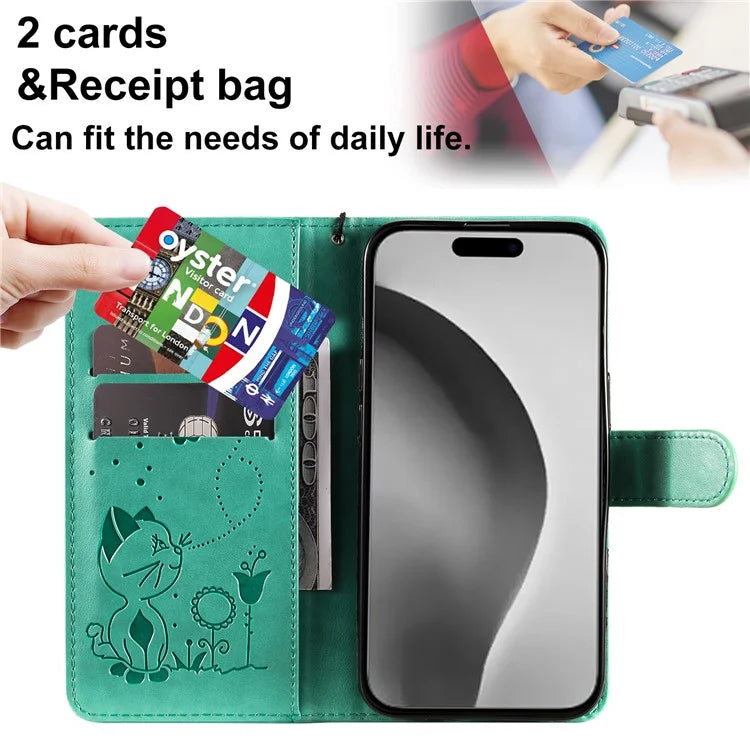 KT Imprinting Flower Series-4 For iPhone 16 Plus Case with Strap Cat Bee Pattern Leather Cover