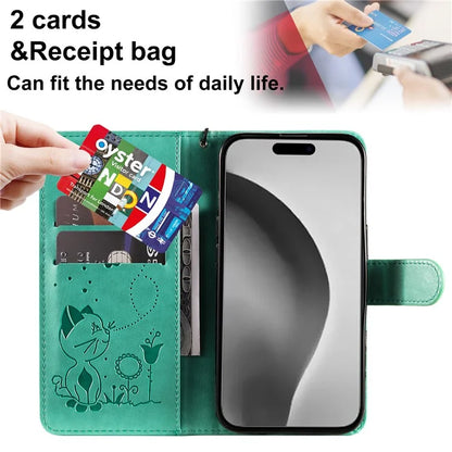 KT Imprinting Flower Series-4 For iPhone 16 Plus Case with Strap Cat Bee Pattern Leather Cover