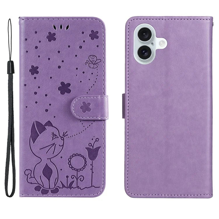 KT Imprinting Flower Series-4 For iPhone 16 Plus Case with Strap Cat Bee Pattern Leather Cover