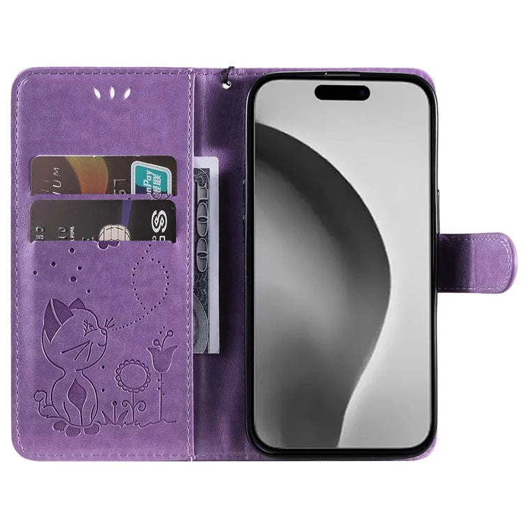 KT Imprinting Flower Series-4 For iPhone 16 Plus Case with Strap Cat Bee Pattern Leather Cover