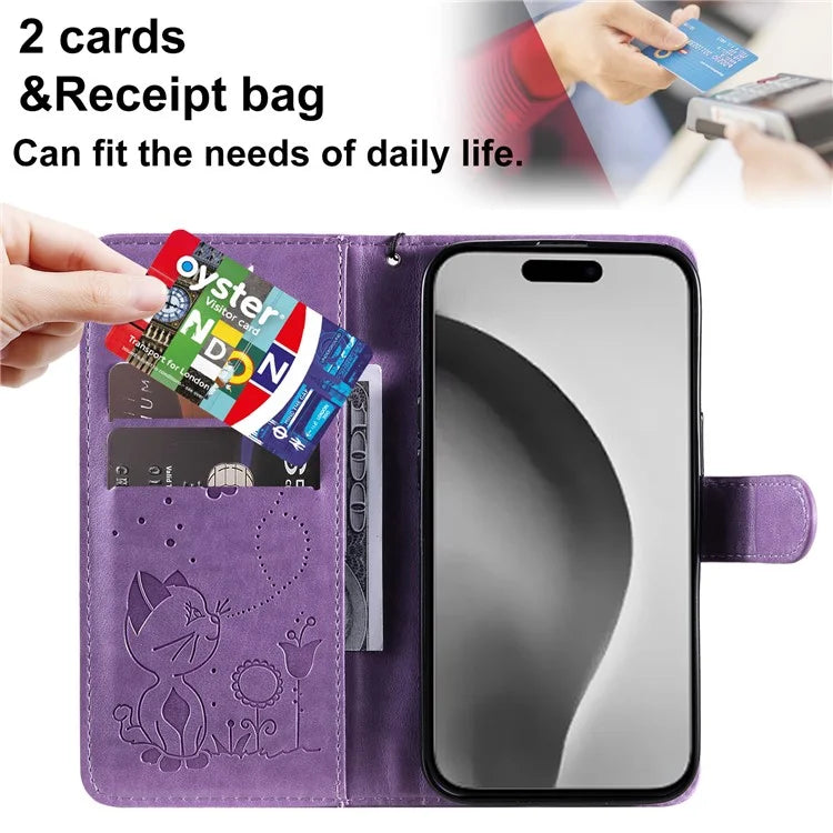 KT Imprinting Flower Series-4 For iPhone 16 Plus Case with Strap Cat Bee Pattern Leather Cover
