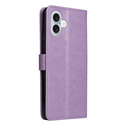 KT Imprinting Flower Series-4 For iPhone 16 Plus Case with Strap Cat Bee Pattern Leather Cover