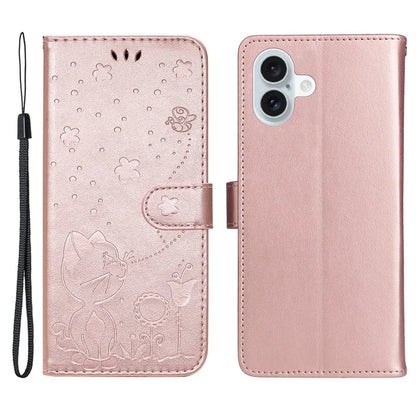 KT Imprinting Flower Series-4 For iPhone 16 Plus Case with Strap Cat Bee Pattern Leather Cover