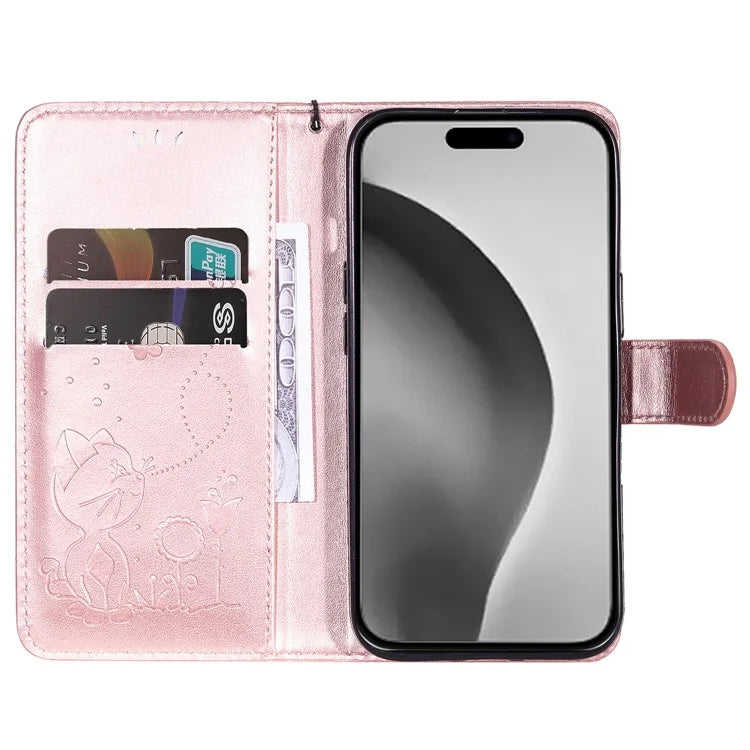 KT Imprinting Flower Series-4 For iPhone 16 Plus Case with Strap Cat Bee Pattern Leather Cover