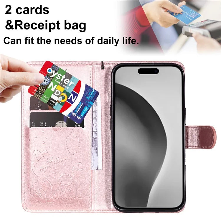 KT Imprinting Flower Series-4 For iPhone 16 Plus Case with Strap Cat Bee Pattern Leather Cover