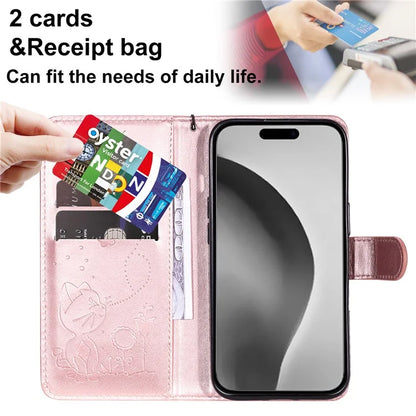 KT Imprinting Flower Series-4 For iPhone 16 Plus Case with Strap Cat Bee Pattern Leather Cover