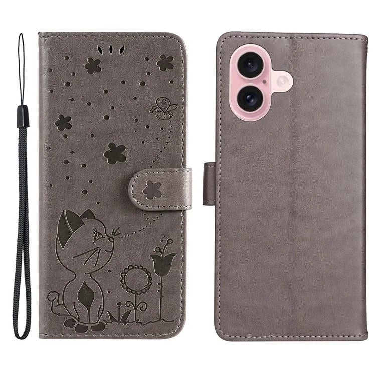 KT Imprinting Flower Series-4 For iPhone 16 Case Cat Bee Pattern Leather Cover with Strap
