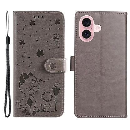 KT Imprinting Flower Series-4 For iPhone 16 Case Cat Bee Pattern Leather Cover with Strap