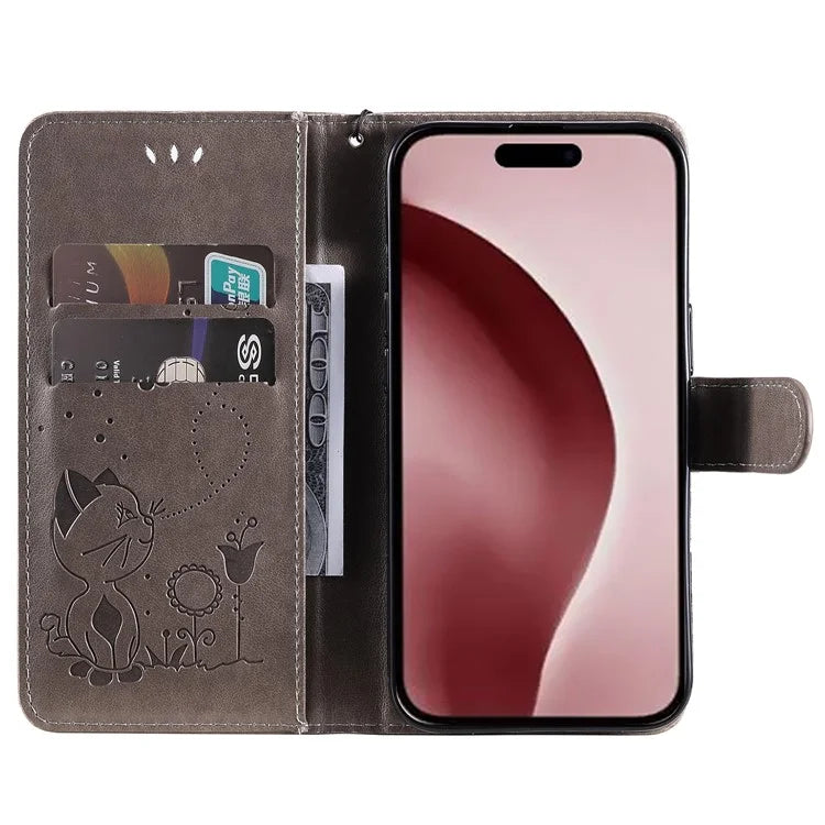KT Imprinting Flower Series-4 For iPhone 16 Case Cat Bee Pattern Leather Cover with Strap