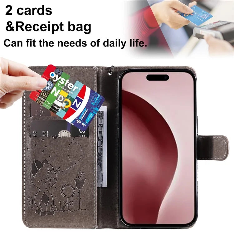 KT Imprinting Flower Series-4 For iPhone 16 Case Cat Bee Pattern Leather Cover with Strap