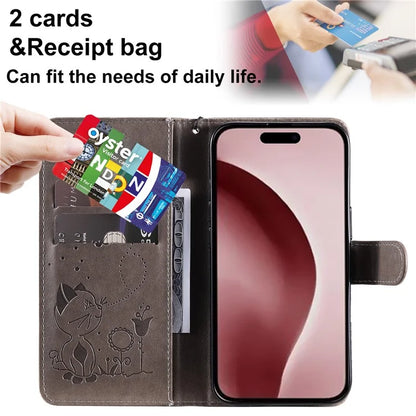 KT Imprinting Flower Series-4 For iPhone 16 Case Cat Bee Pattern Leather Cover with Strap