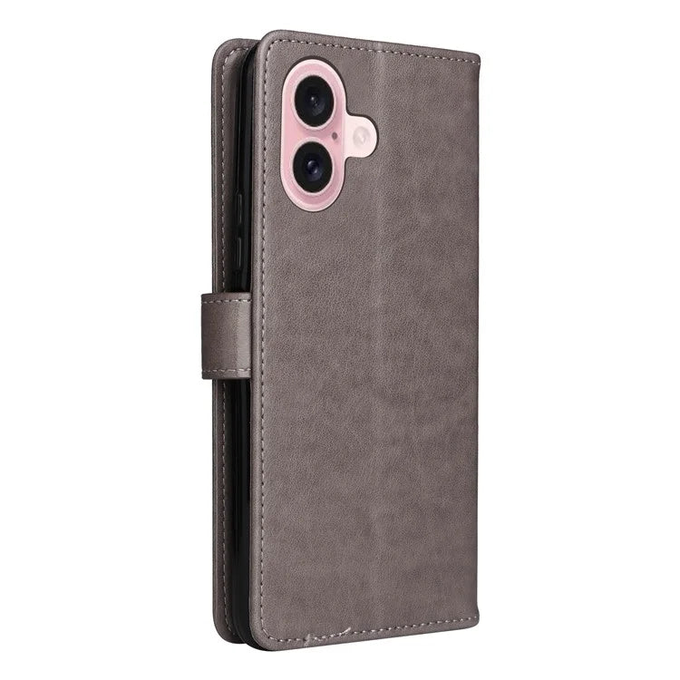 KT Imprinting Flower Series-4 For iPhone 16 Case Cat Bee Pattern Leather Cover with Strap