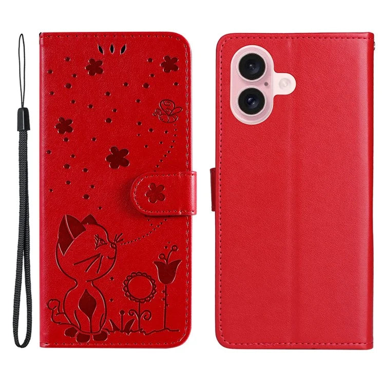 KT Imprinting Flower Series-4 For iPhone 16 Case Cat Bee Pattern Leather Cover with Strap