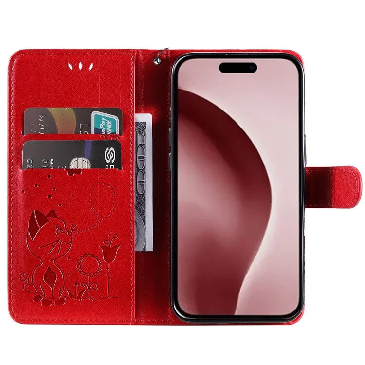 KT Imprinting Flower Series-4 For iPhone 16 Case Cat Bee Pattern Leather Cover with Strap