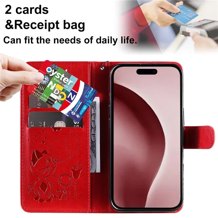 KT Imprinting Flower Series-4 For iPhone 16 Case Cat Bee Pattern Leather Cover with Strap