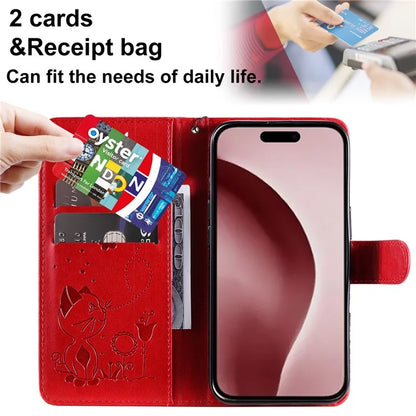 KT Imprinting Flower Series-4 For iPhone 16 Case Cat Bee Pattern Leather Cover with Strap