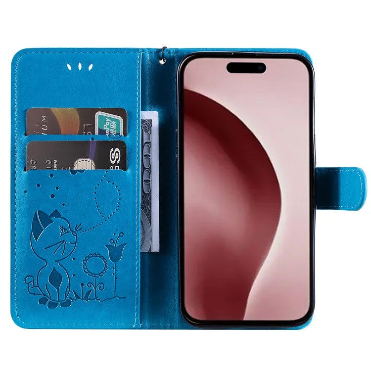 KT Imprinting Flower Series-4 For iPhone 16 Case Cat Bee Pattern Leather Cover with Strap