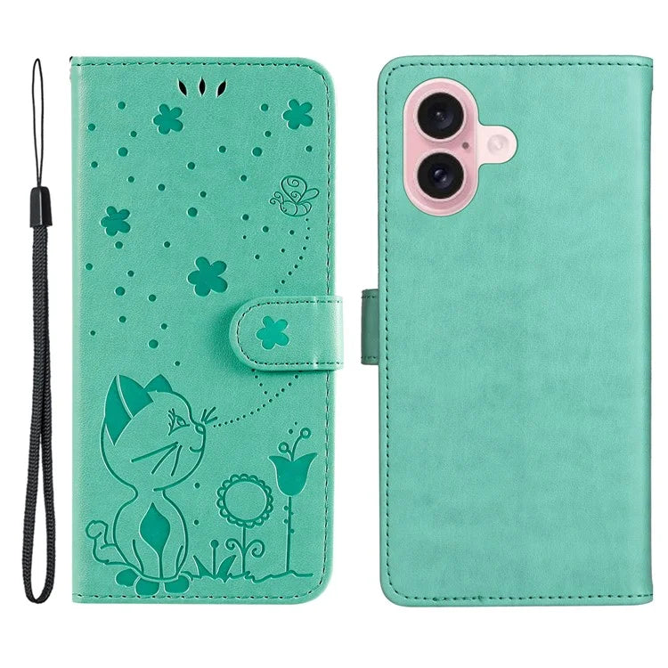 KT Imprinting Flower Series-4 For iPhone 16 Case Cat Bee Pattern Leather Cover with Strap