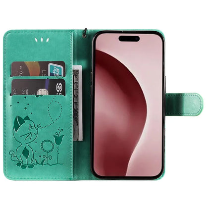 KT Imprinting Flower Series-4 For iPhone 16 Case Cat Bee Pattern Leather Cover with Strap