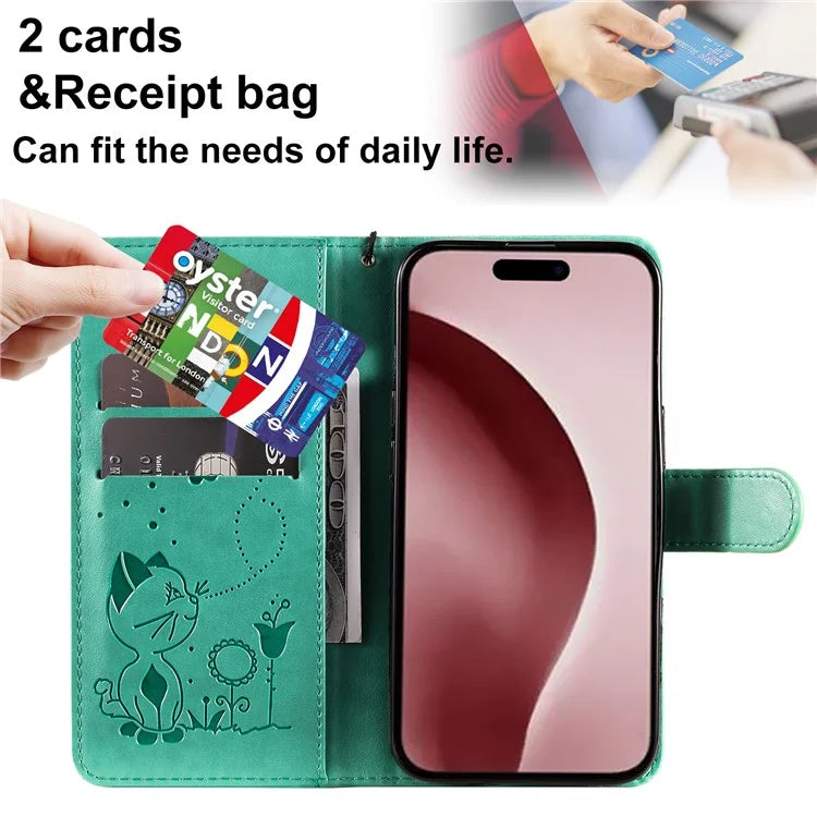 KT Imprinting Flower Series-4 For iPhone 16 Case Cat Bee Pattern Leather Cover with Strap