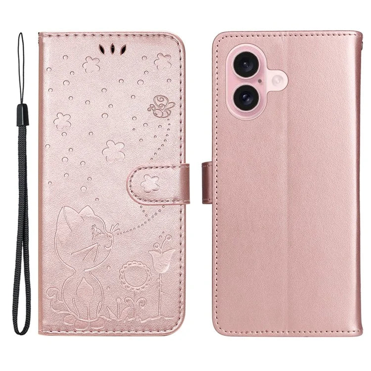 KT Imprinting Flower Series-4 For iPhone 16 Case Cat Bee Pattern Leather Cover with Strap
