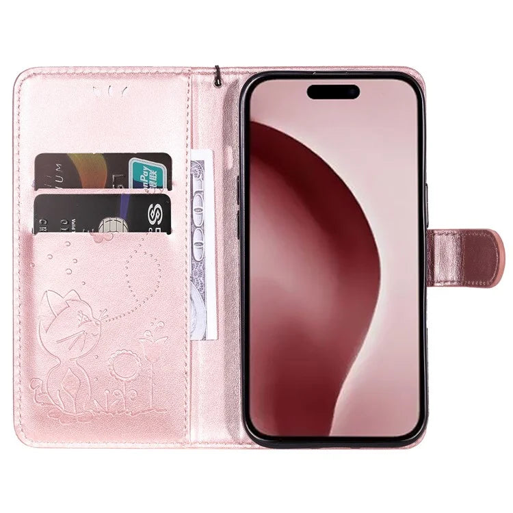 KT Imprinting Flower Series-4 For iPhone 16 Case Cat Bee Pattern Leather Cover with Strap