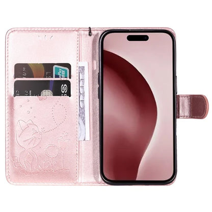 KT Imprinting Flower Series-4 For iPhone 16 Case Cat Bee Pattern Leather Cover with Strap