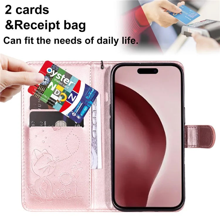 KT Imprinting Flower Series-4 For iPhone 16 Case Cat Bee Pattern Leather Cover with Strap