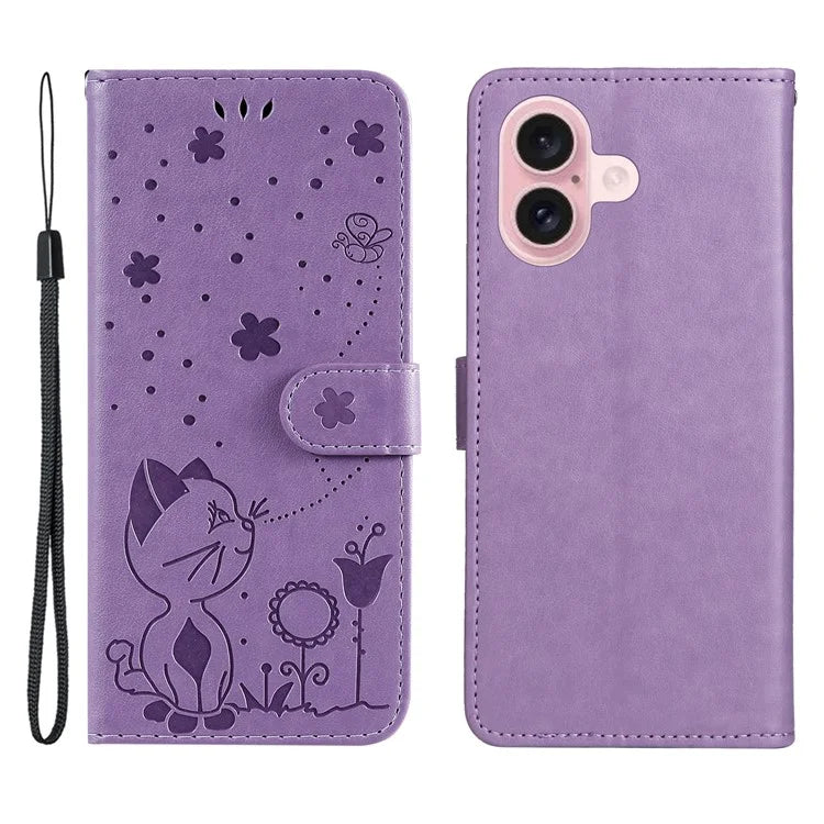 KT Imprinting Flower Series-4 For iPhone 16 Case Cat Bee Pattern Leather Cover with Strap