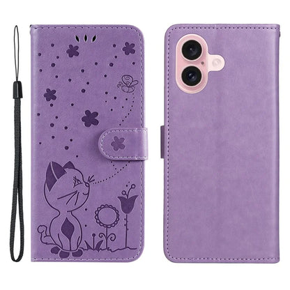 KT Imprinting Flower Series-4 For iPhone 16 Case Cat Bee Pattern Leather Cover with Strap
