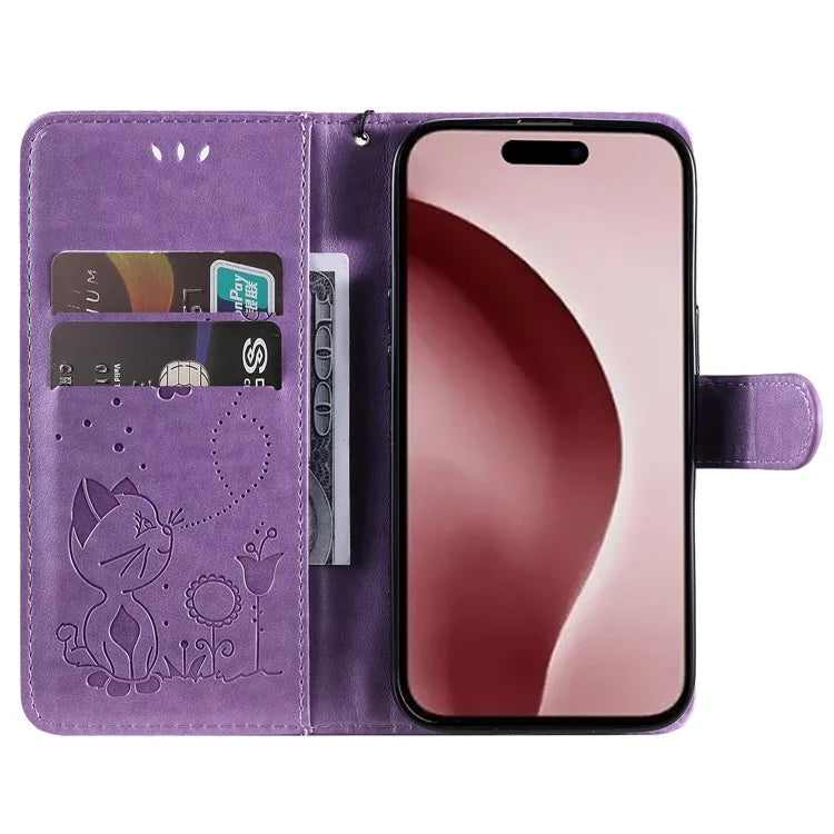 KT Imprinting Flower Series-4 For iPhone 16 Case Cat Bee Pattern Leather Cover with Strap