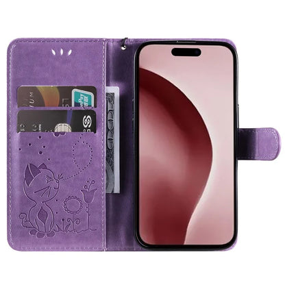 KT Imprinting Flower Series-4 For iPhone 16 Case Cat Bee Pattern Leather Cover with Strap