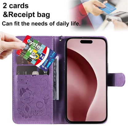 KT Imprinting Flower Series-4 For iPhone 16 Case Cat Bee Pattern Leather Cover with Strap