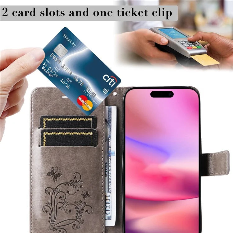 KT Imprinting Flower Series-2 For iPhone 16 Wallet Case Protective Leather Flip Cover