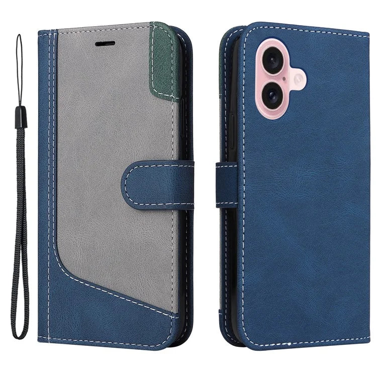 For iPhone 16 Case with Hand Strap Leather Wallet Phone Cover 3-color Splicing