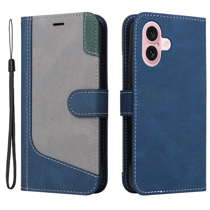 For iPhone 16 Case with Hand Strap Leather Wallet Phone Cover 3-color Splicing
