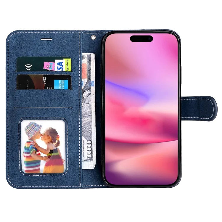 For iPhone 16 Case with Hand Strap Leather Wallet Phone Cover 3-color Splicing